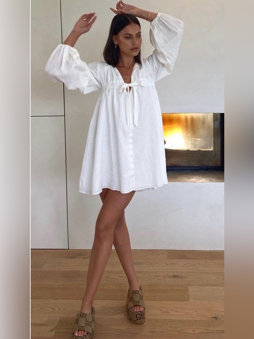 SABO Otis Peasant Style 100% textured cotton Mini dress with Front Tie